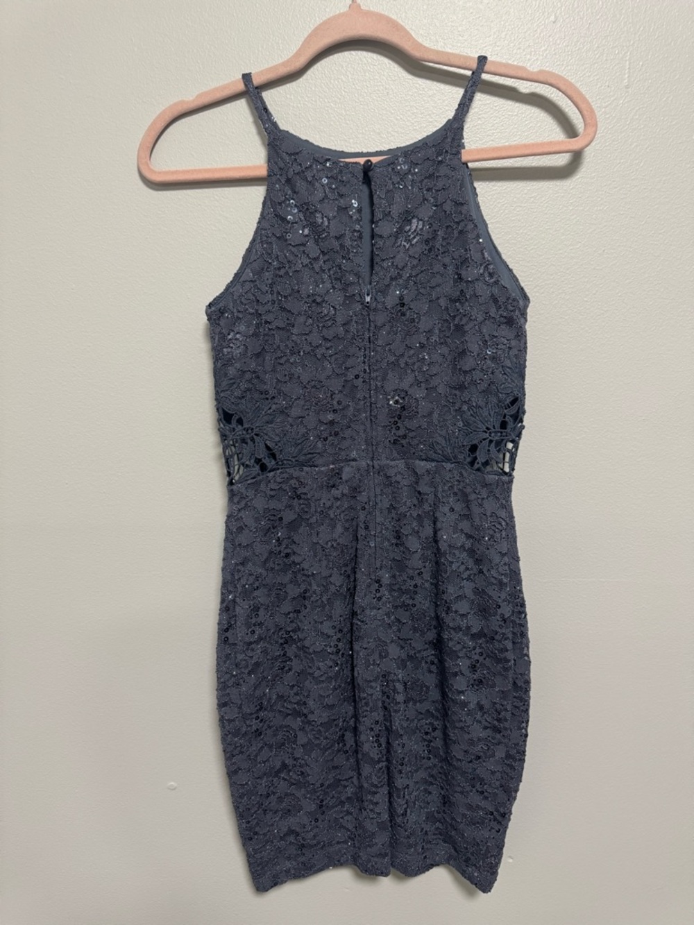 Windsor Floral Lace  Gray Halter Neck Sequin Mini Dress Side Cutouts - Picture 2 of 9
